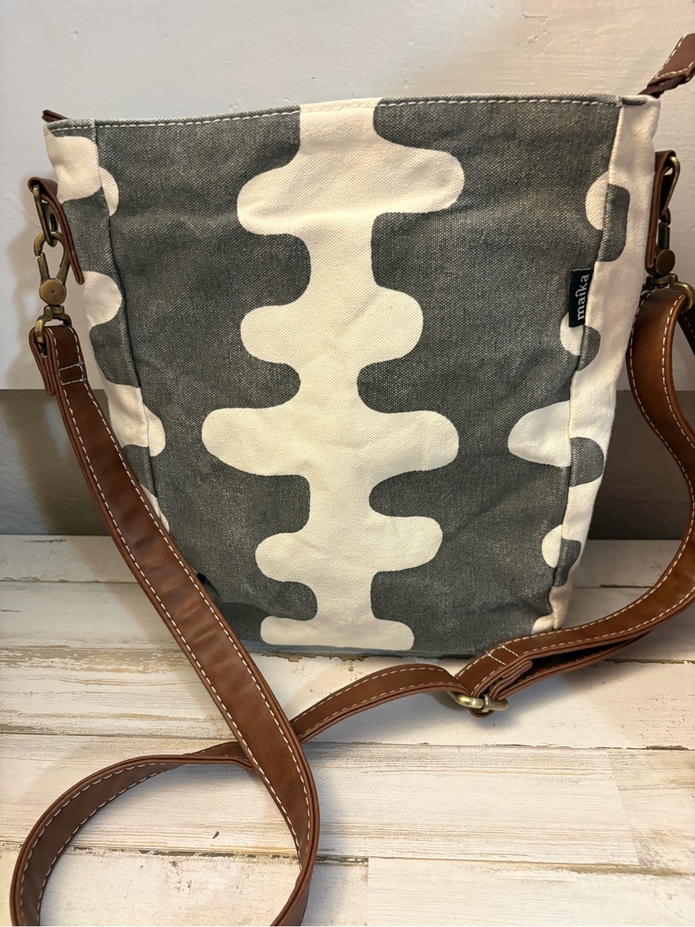 Maika Gray & Cream Canvas Crossbody with Brown Strap